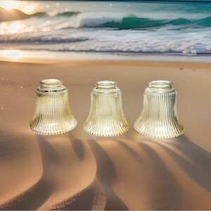 Set of 3 Amber Ribbed Glass Bell Lamp Shades with Beaded Rim 2.25" Fitter
